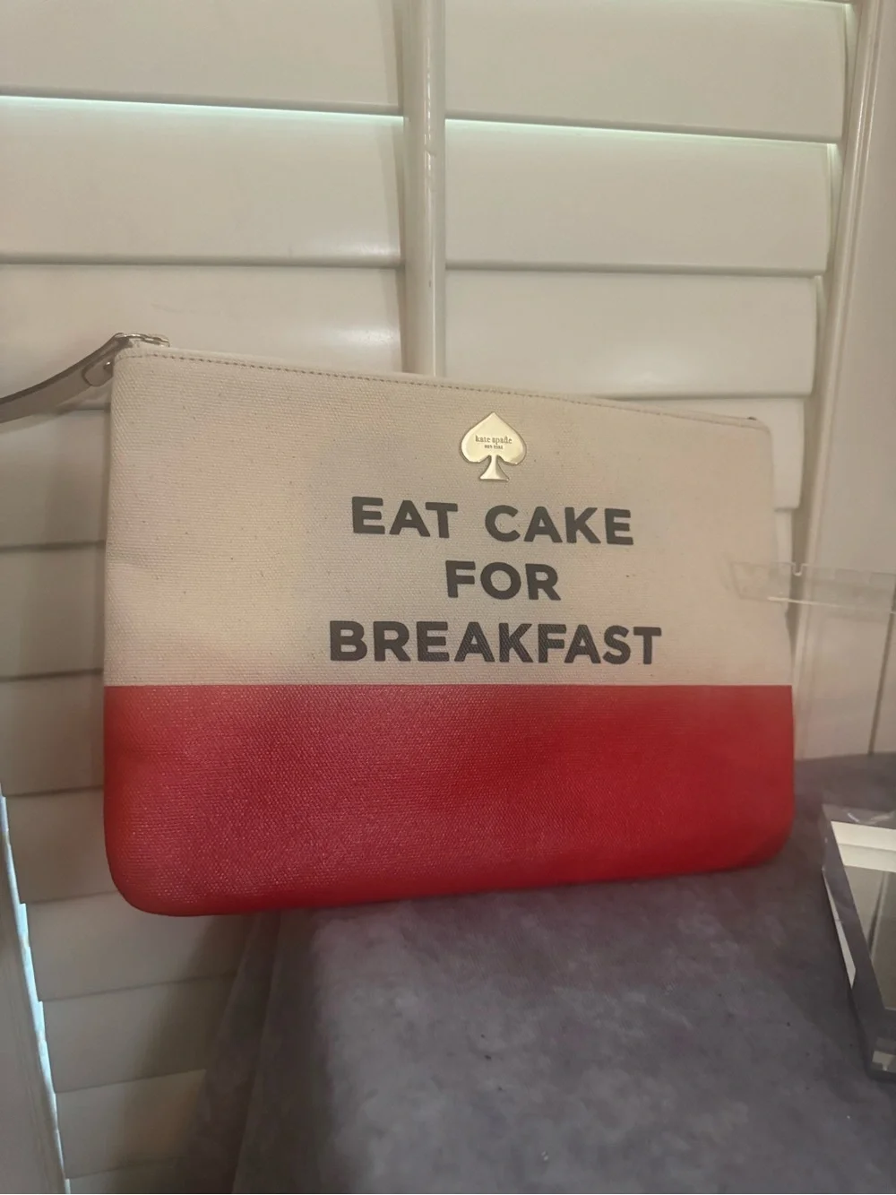 kate spade  Eat‎ Cake For Breakfast cream and red canvas zipper pouch Nwot